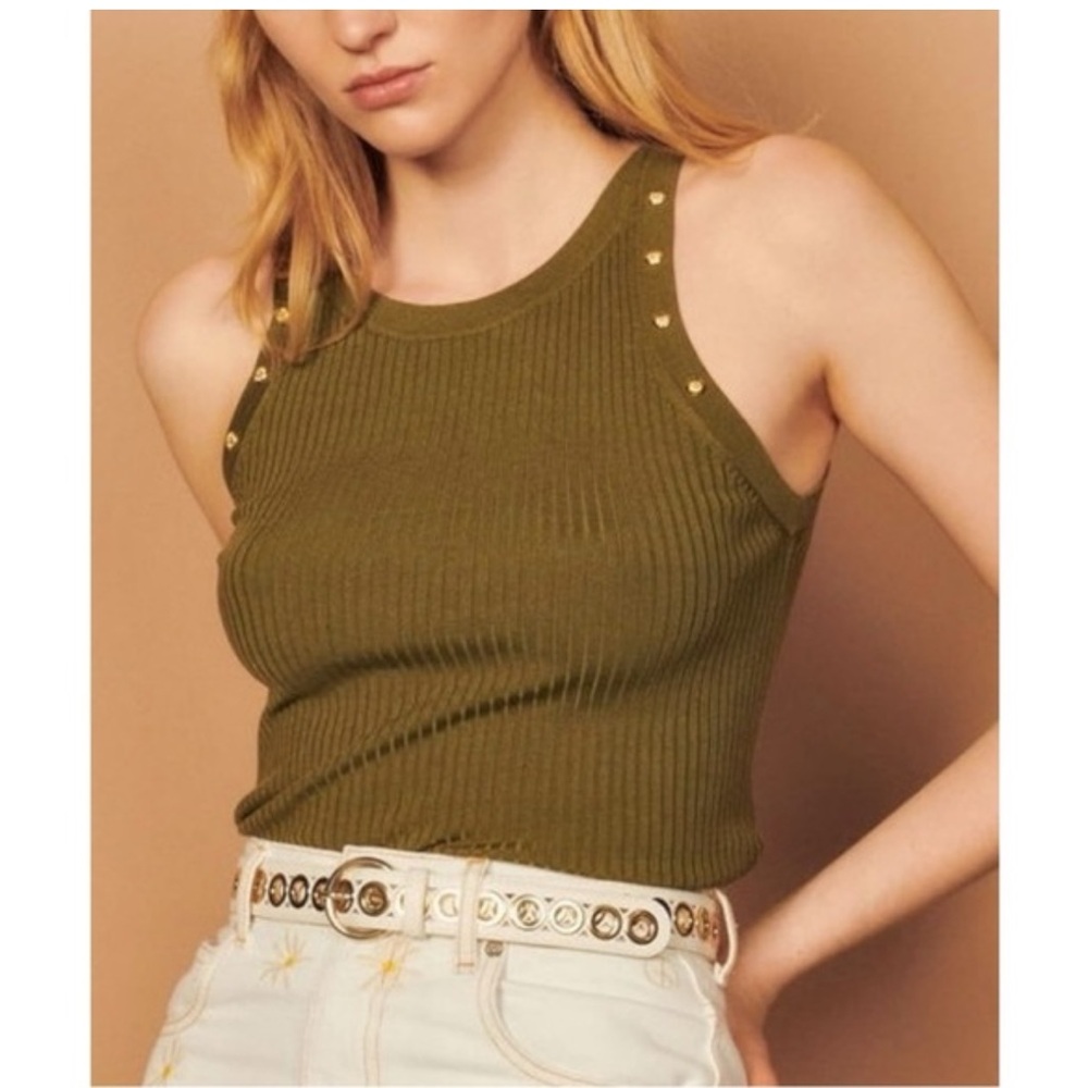 Sandro Khaki Ribbed Top with Gold Buttons